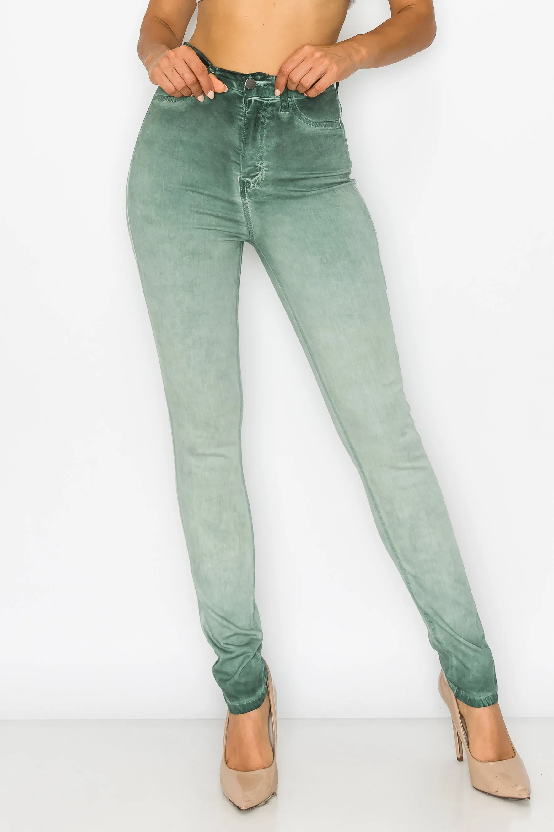 40451 Women's High Rise Oil Dye Skinny Colored Stretch Jeans