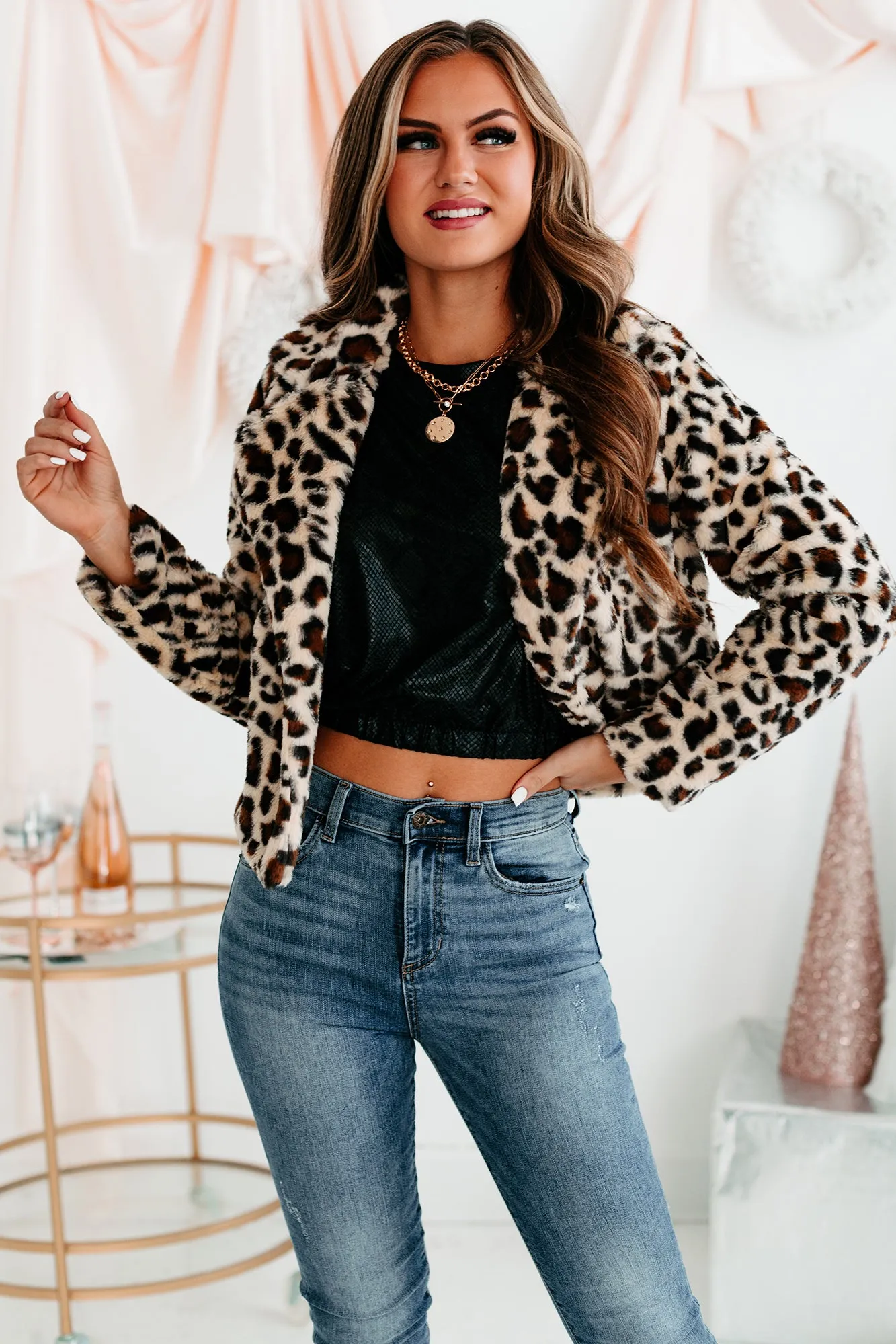 Fancy Feels Leopard Print Faux Fur Jacket (Beige)