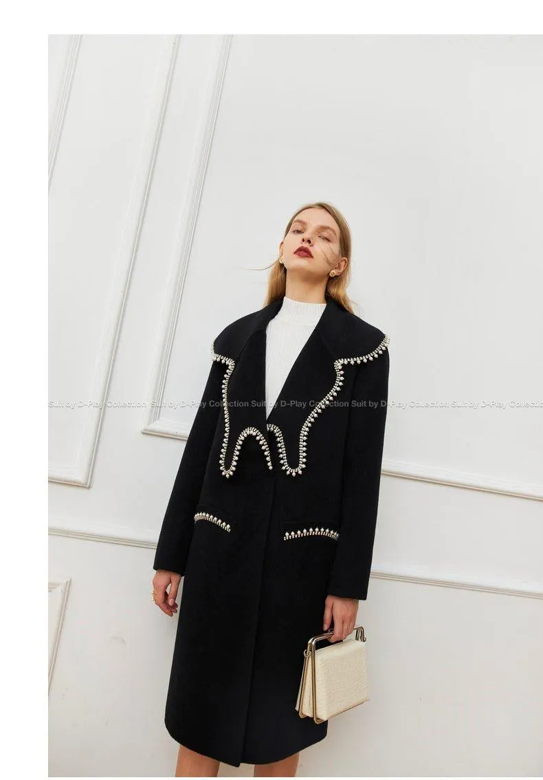 FINAL SALE DPLAY Fall Winter Black Pearl Collar 100% Wool Reversible Jacket coat - Usi
