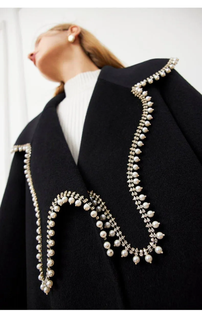 FINAL SALE DPLAY Fall Winter Black Pearl Collar 100% Wool Reversible Jacket coat - Usi
