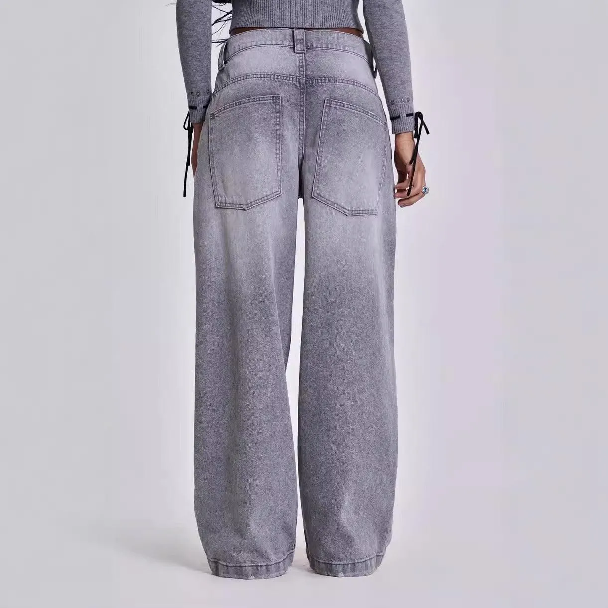 Gray Y2K Washed Distressed Casual Straight-Leg Jeans