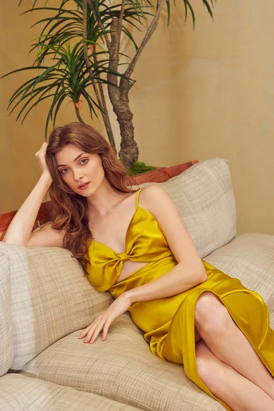 Inez Bow Cut Out Satin Slip Midi Dress - Chartreuse