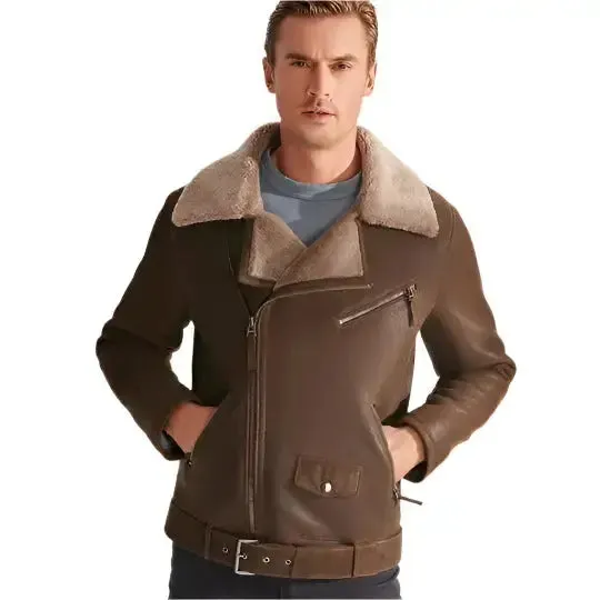Men's Classic Brown Shearling Sheepskin Biker Aviator Jacket – Timeless & Warm