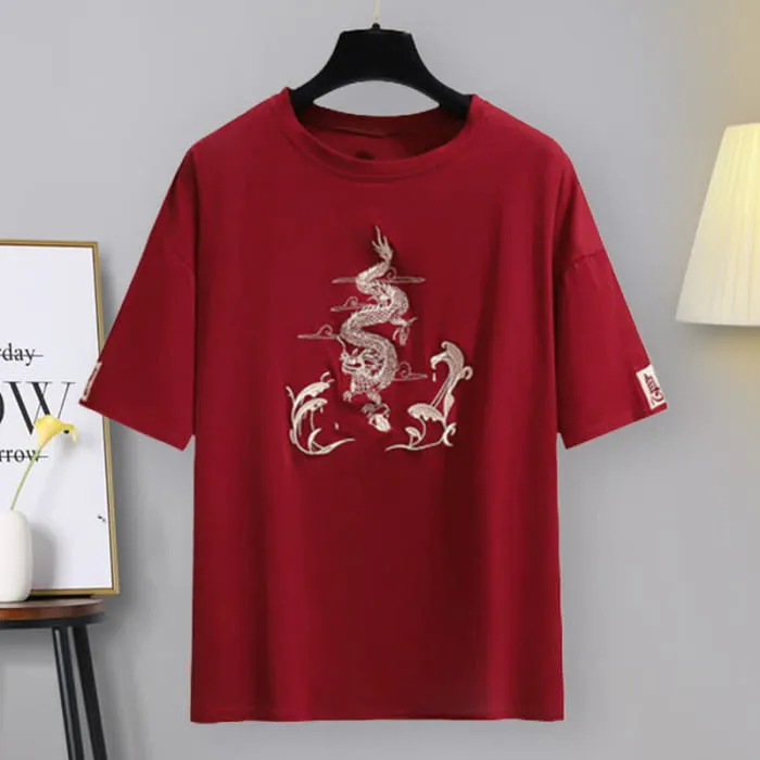 Vintage Dragon Embroidery T-Shirt Tassel Pants Set